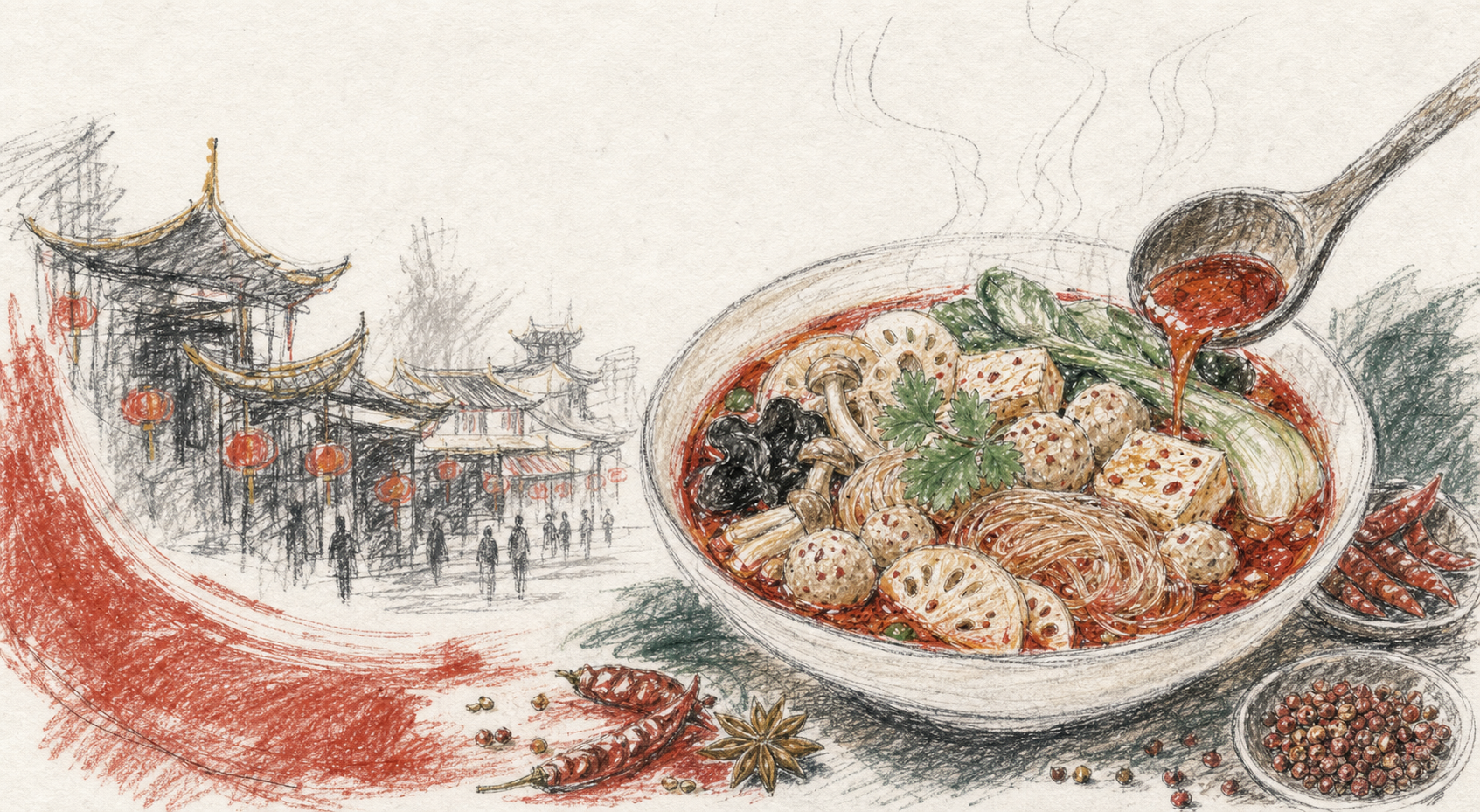 四川の街並みと麻辣湯を描いた手描きスケッチ
